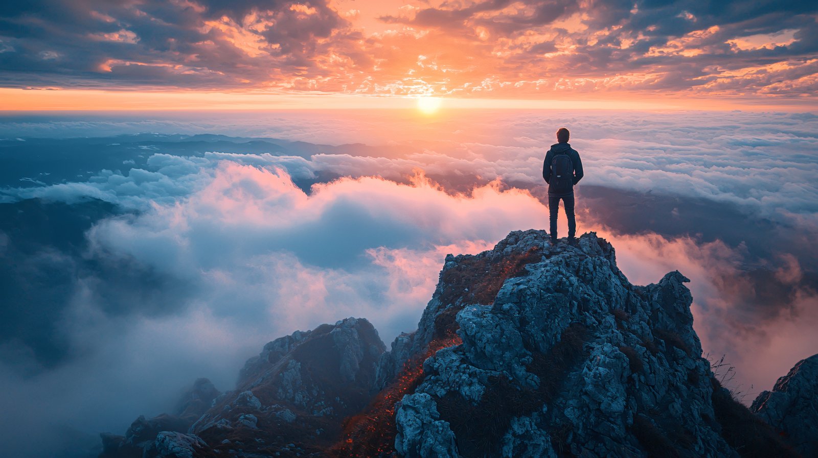 A person standing on a mountain peak above the clouds at sunrise